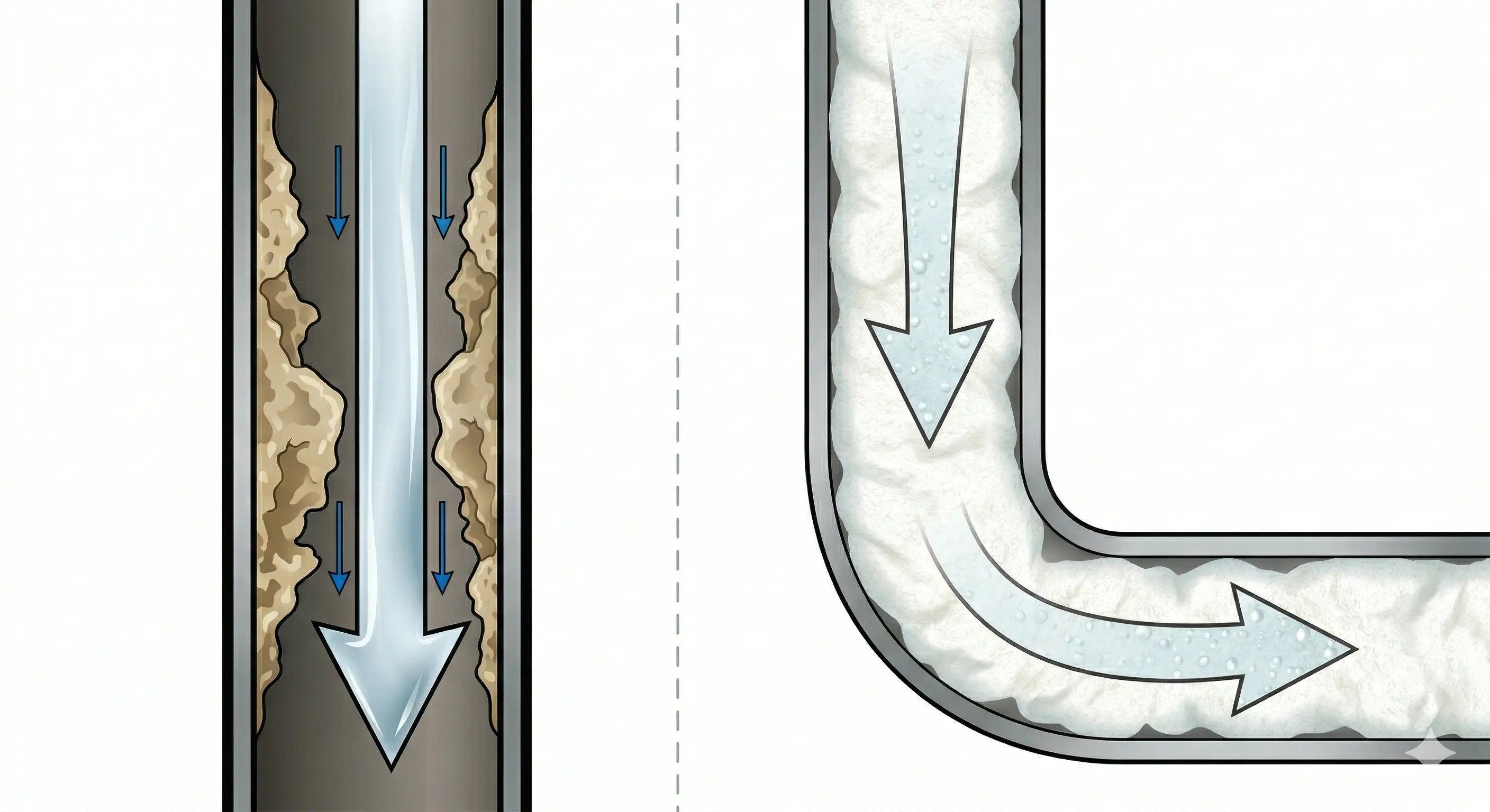 Cross-section of a clogged drain pipe with biofilm