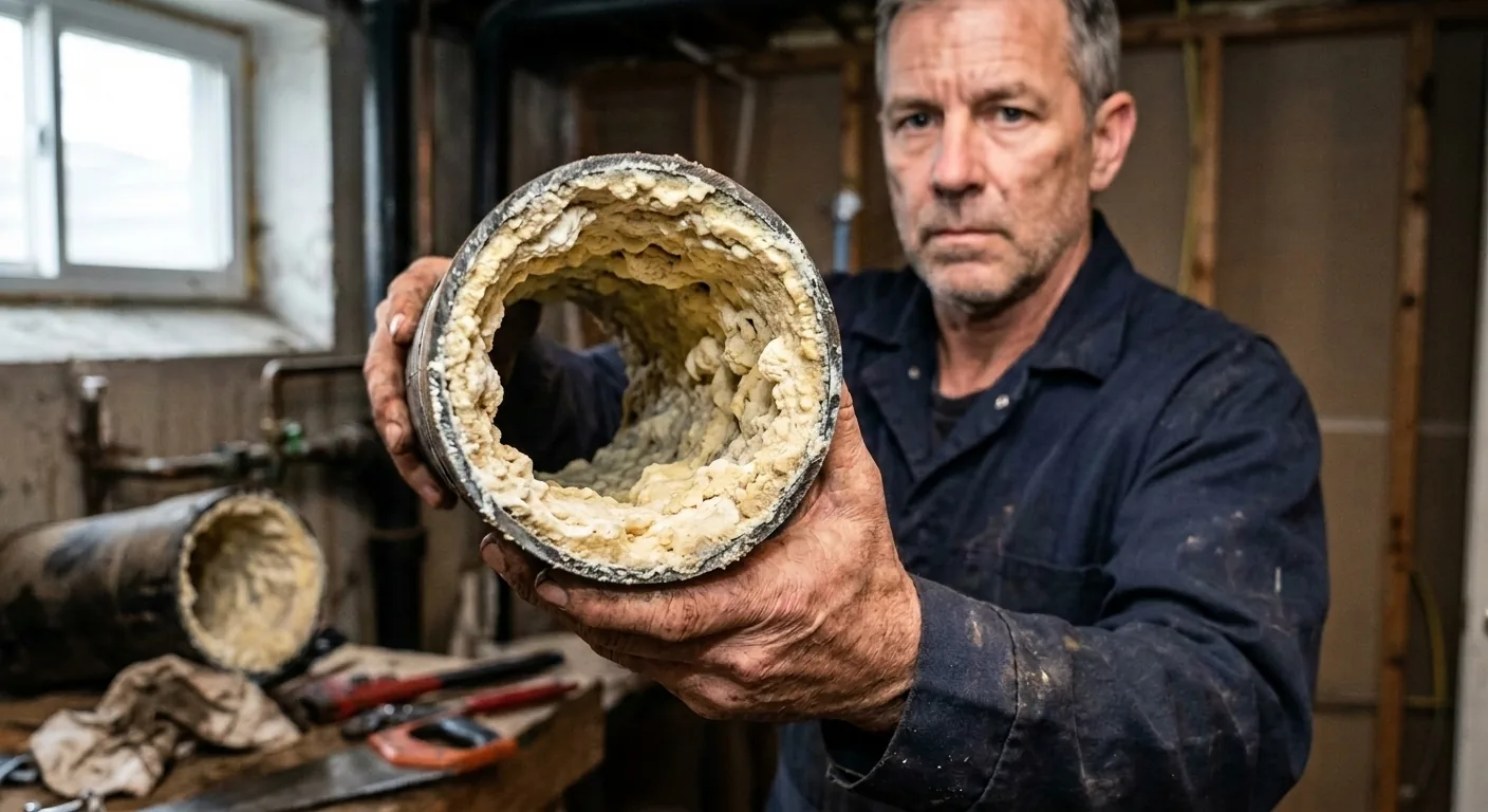 Master plumber Dave Thompson holds up a cut-open drain pipe
